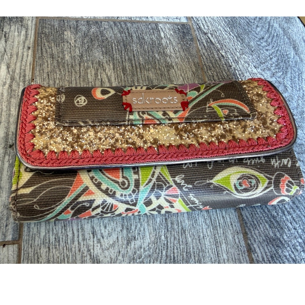 Sakroots Nature Trifold Wallet Glitter Crochet Peace Charm Clutch Bird Peacock